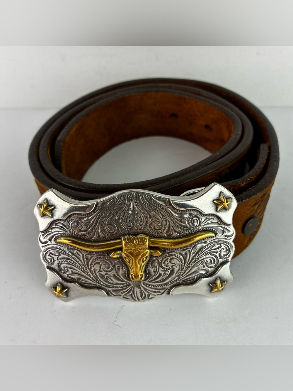 Tony Lama Little Texas Tooled Leather Belt w/Longhorn Buckle NWOT